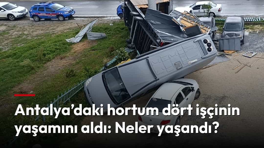 Hortumun ardından devrilen araçlar ve çevreye savrulan enkazın görüldüğü olay yeri.