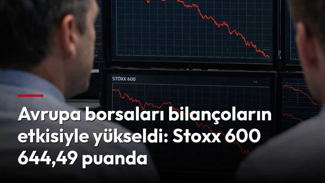 Avrupa borsalarındaki STOXX 600 endeksini gösteren ekranları izleyen iki kişi.