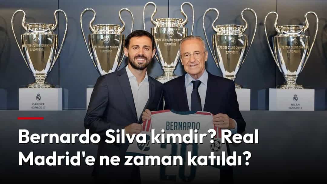 Bernardo Silva ve Real Madrid Başkanı Florentino Perez, imza töreninde 20 numaralı formayla poz veriyor.