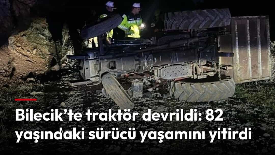 Gece devrilmiş bir traktörün çevresinde inceleme yapan ekipler.