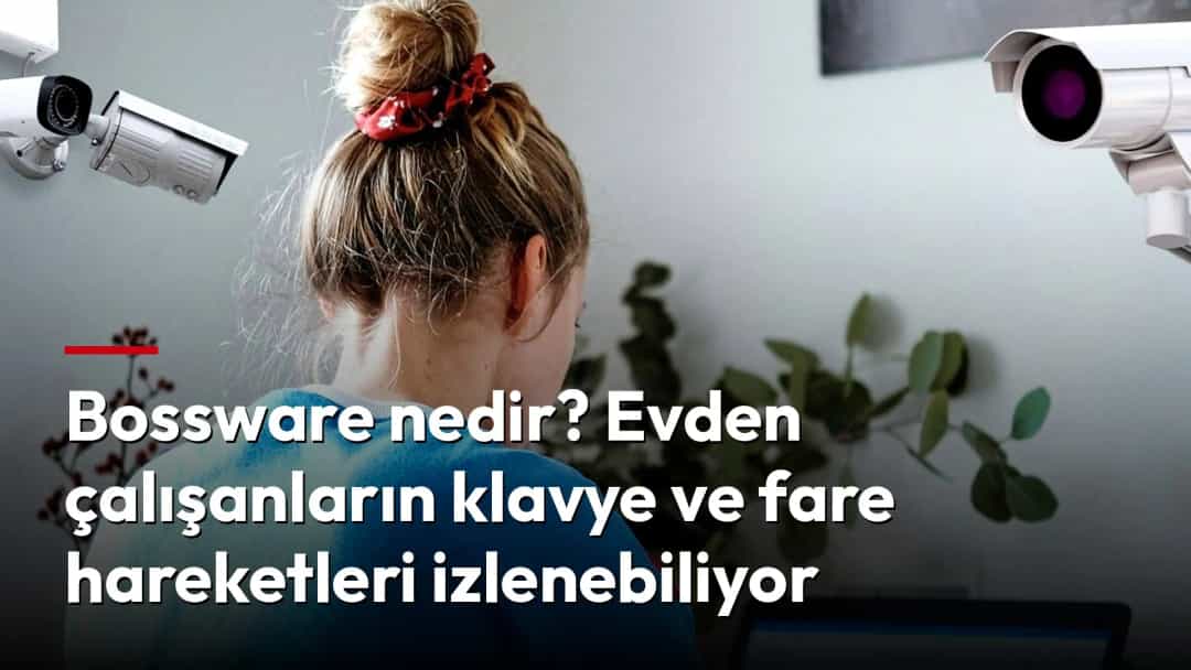 Bilgisayar başında çalışan bir kadın, iki güvenlik kamerasının gözetimi altında.