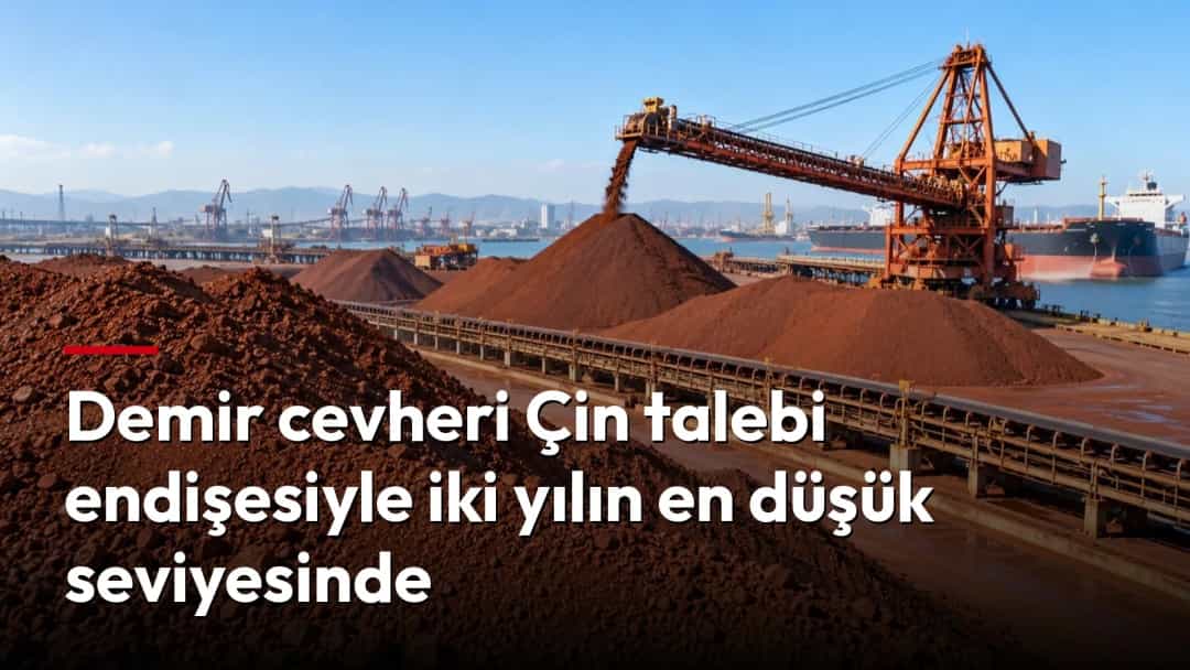 Bir limanda depolanan demir cevheri yığınları, konveyör sistemi ve yükleme ekipmanları.