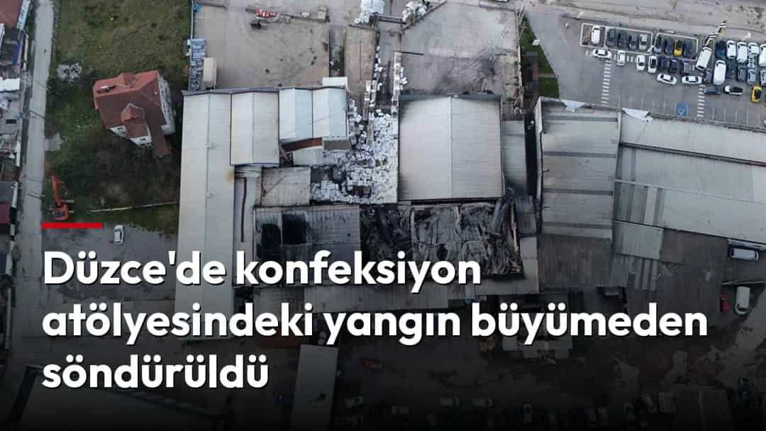 Düzce'de yangından zarar gören konfeksiyon atölyesinin havadan görünümü.