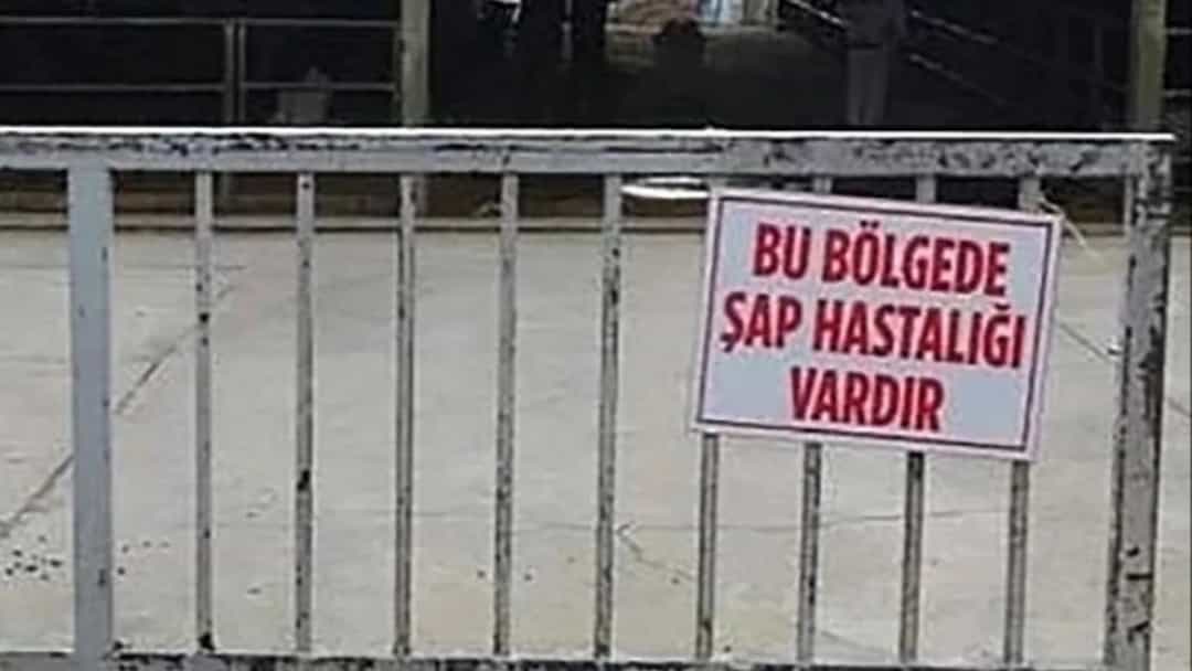 Şap hastalığı uyarısı bulunan bir ahır girişindeki kapı.