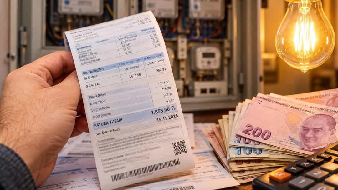 Elektrik sayaçlarının önünde tutulan fatura, yanında Türk lirası banknotları ve yanan bir ampul.