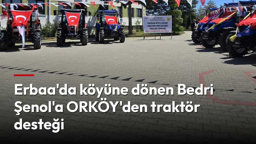 Açık alanda ORKÖY desteğiyle verilen traktörler sıralanıyor.