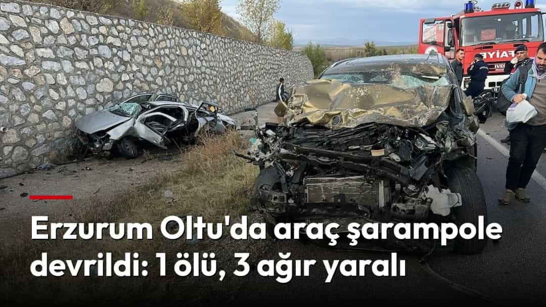 Oltu'daki kazada ağır hasar gören hafif ticari araç ve olay yerindeki kurtarma ekipleri.