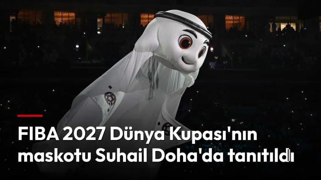 FIBA 2027 Dünya Kupası'nın maskotu Suhail, Doha'daki tanıtım etkinliğinde sahada görülüyor.