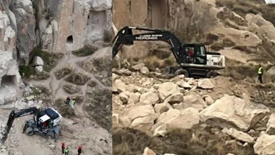 Kapadokya'da kayalık alanda yürütülen çalışma sırasında enkazın yanında bir iş makinesi görülüyor.