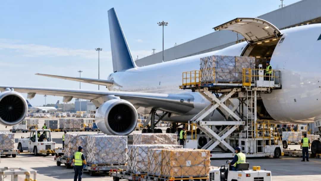 Kargo uçağı, yükleme platformları ve paletli paketlerle havaalanında yükleniyor.