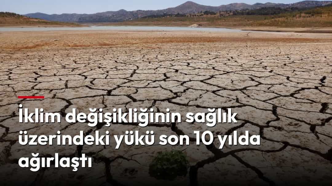 Kuraklık nedeniyle çatlayıp kurumuş bir göl yatağı ve uzakta görünen su seviyesi.