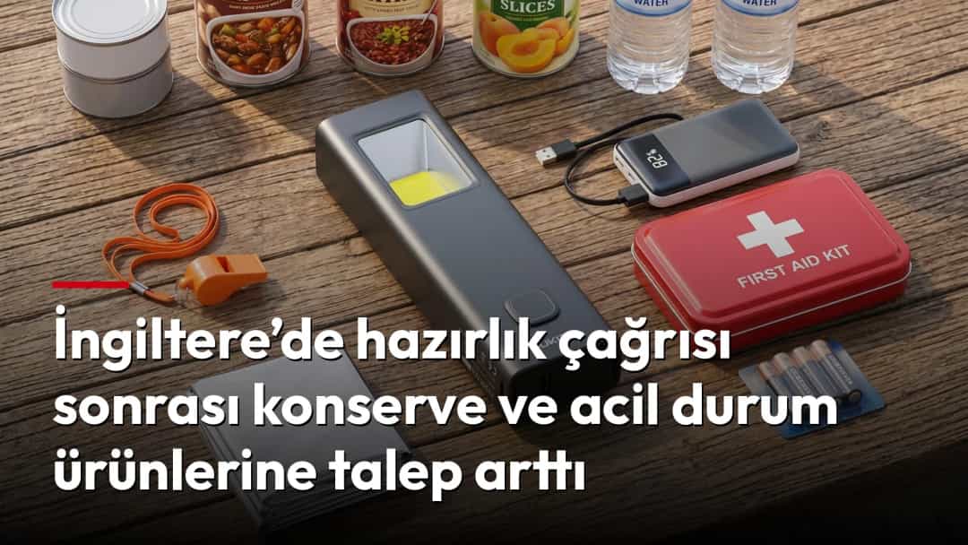 Ahşap masa üzerinde konserve yiyecekler, su şişeleri, el feneri, ilk yardım çantası ve diğer acil durum malzemeleri