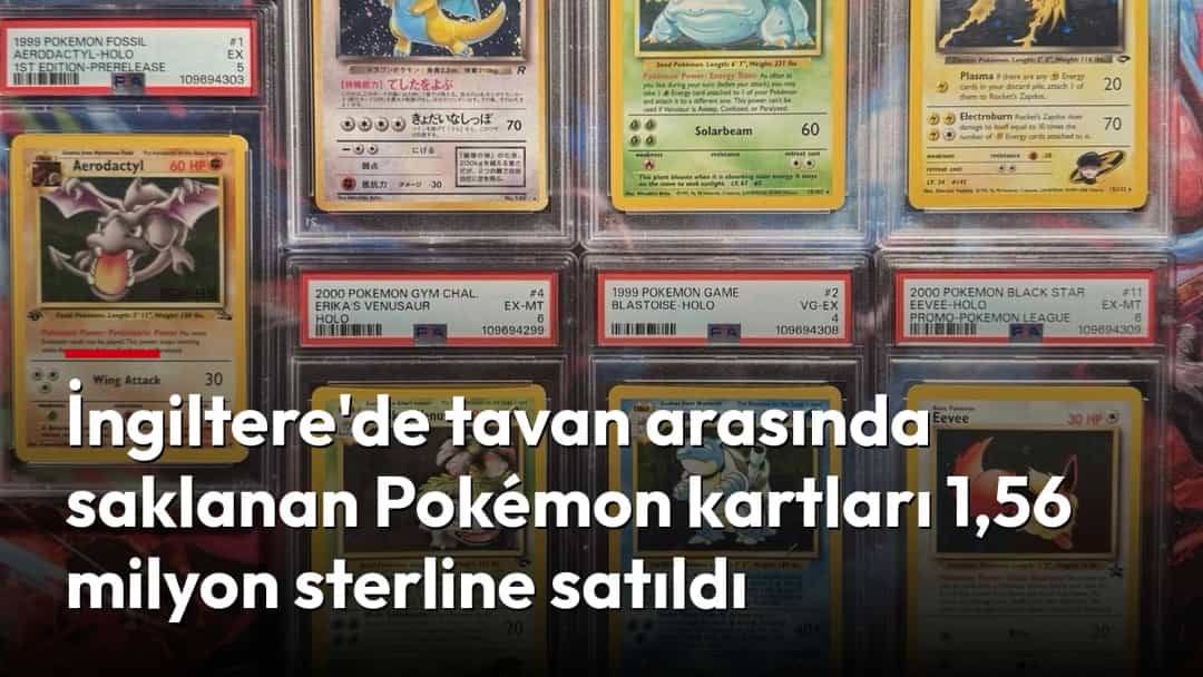 Koruyucu kılıflar içinde sergilenen, eski Pokémon kartlarından oluşan bir koleksiyon.