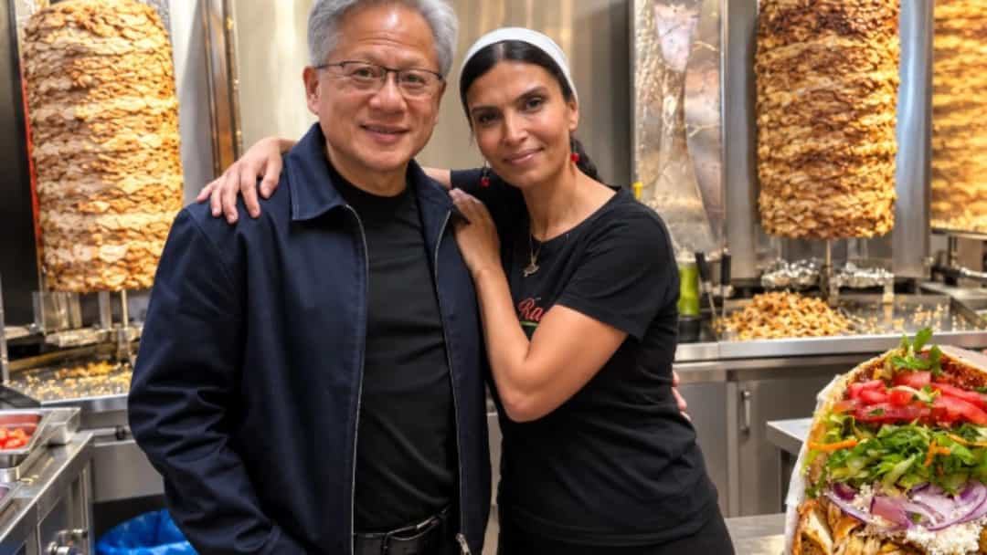 Jensen Huang, bir kadınla birlikte döner tezgâhının önünde poz veriyor.