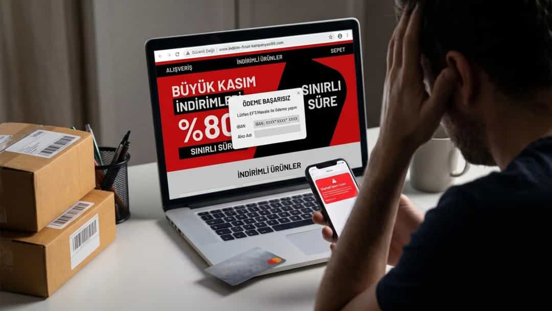 Bir kişi, indirimli ürünler gösteren bir alışveriş sitesini dizüstü bilgisayardan incelerken telefonunu kullanıyor.
