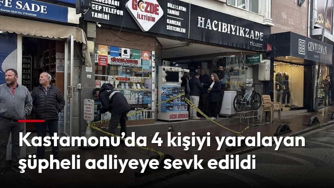 Bir iş yerinin önünde olay yeri şeridi çekilmiş; çevrede insanlar ve inceleme yapan görevliler görülüyor.