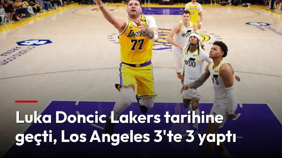 Luka Doncic, Los Angeles Lakers formasıyla potaya doğru yükselerek turnike atıyor.