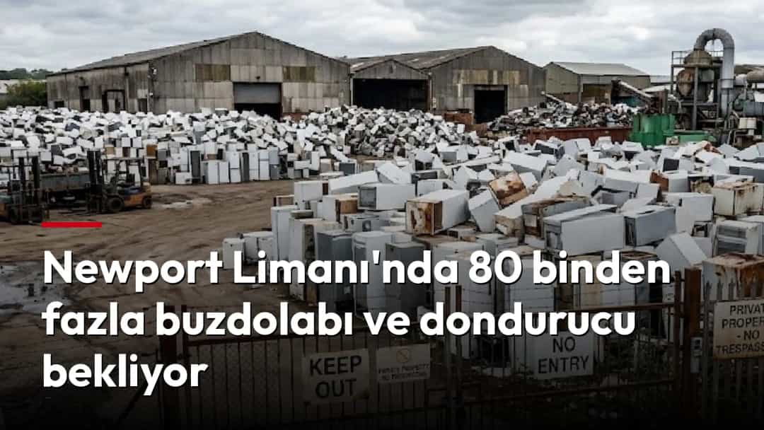 Bir liman sahasında açık alana yığılmış çok sayıda eski buzdolabı