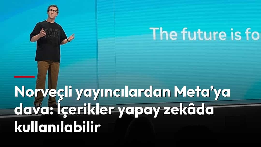Mark Zuckerberg, Meta etkinliğinde mavi bir sahnenin önünde konuşuyor.