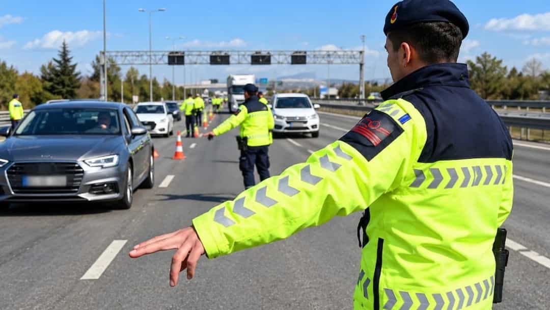 Trafik polisi, yolda ilerleyen araçları kontrol noktasında yönlendiriyor.