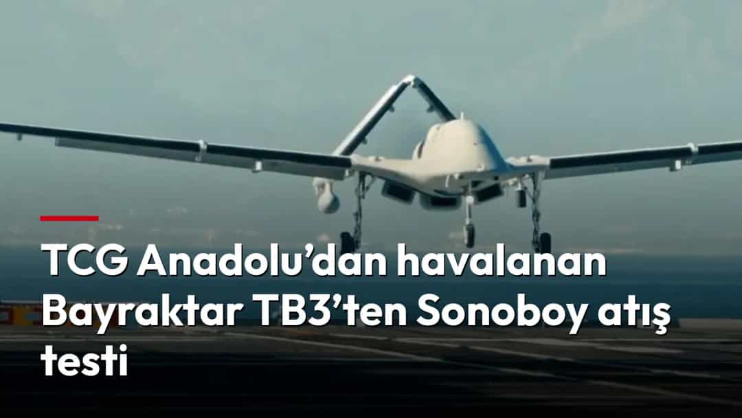 Bayraktar TB3, TCG Anadolu’nun uçuş güvertesi üzerinden havalanıyor.