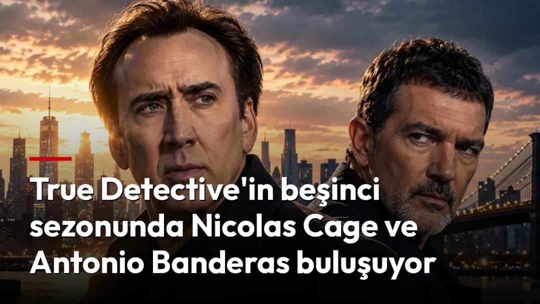 Nicolas Cage ve Antonio Banderas, gün batımında New York silüeti önünde.
