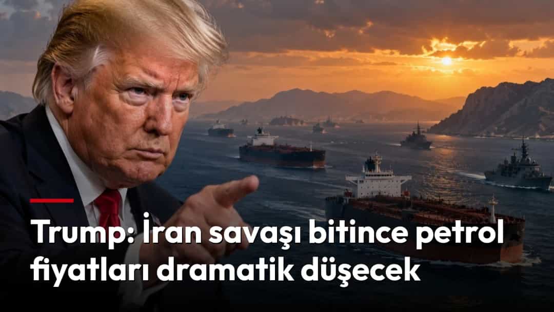 Donald Trump işaret ederken arka planda gün batımında denizde seyreden petrol tankerleri görülüyor.