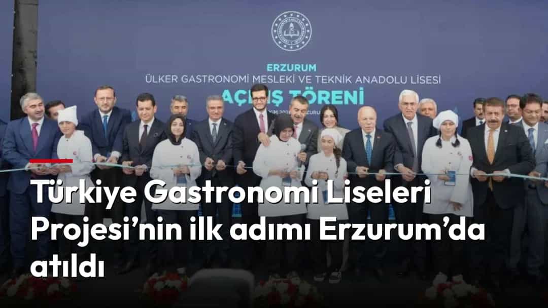 Erzurum Ülker Gastronomi Mesleki ve Teknik Anadolu Lisesi’nin açılış töreninde protokol üyeleri ve öğrenciler kurdele kesiyor.
