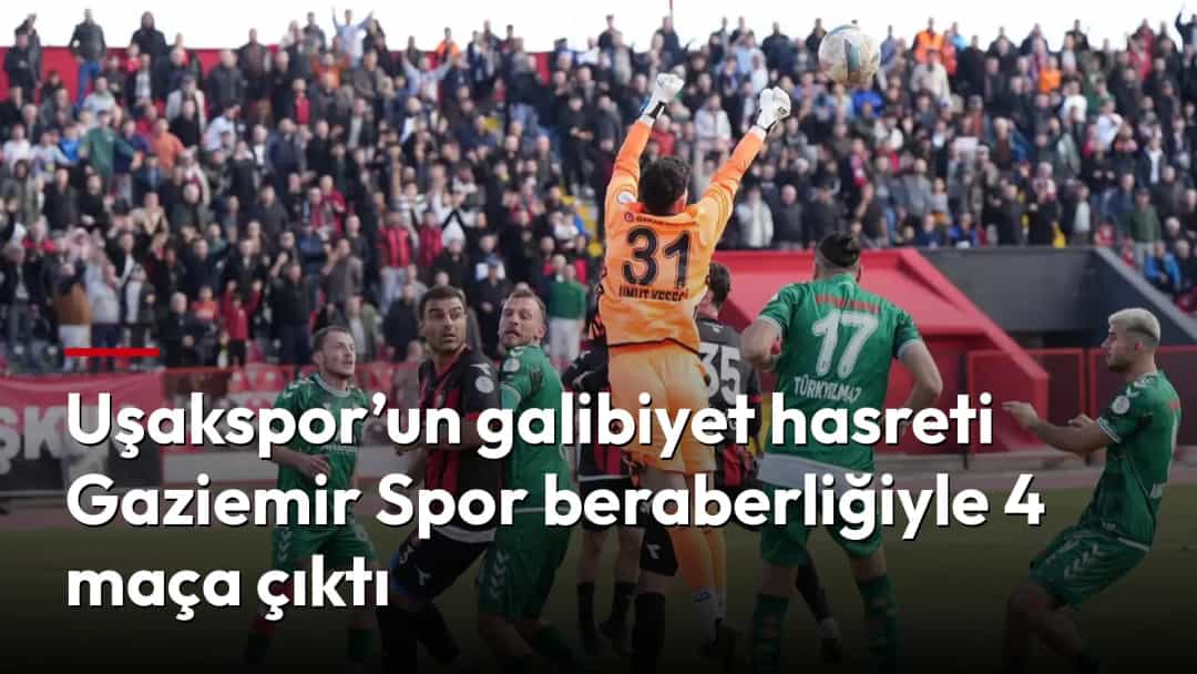 Uşakspor ve Gaziemir Spor oyuncuları ceza sahasında mücadele ederken turuncu formalı kaleci topu havada yakalıyor.