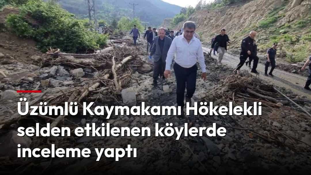 Üzümlü Kaymakamı Hacı Osman Hökelekli ve beraberindekiler, selden etkilenen bölgede inceleme yapıyor.
