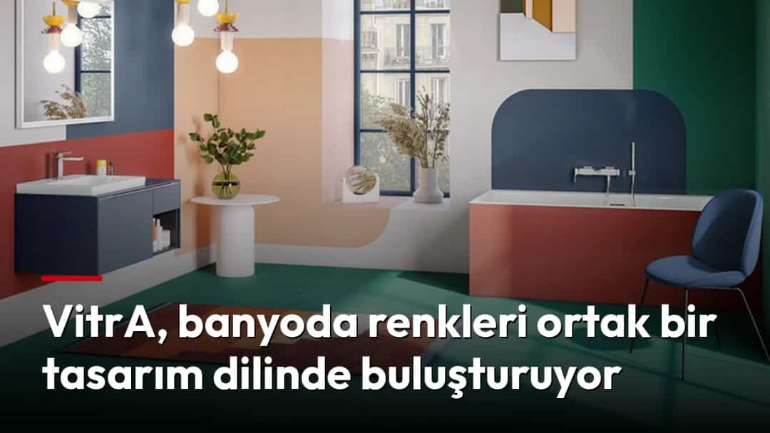 Farklı renklerle tasarlanmış modern bir banyoda lavabo, küvet ve oturma alanı.
