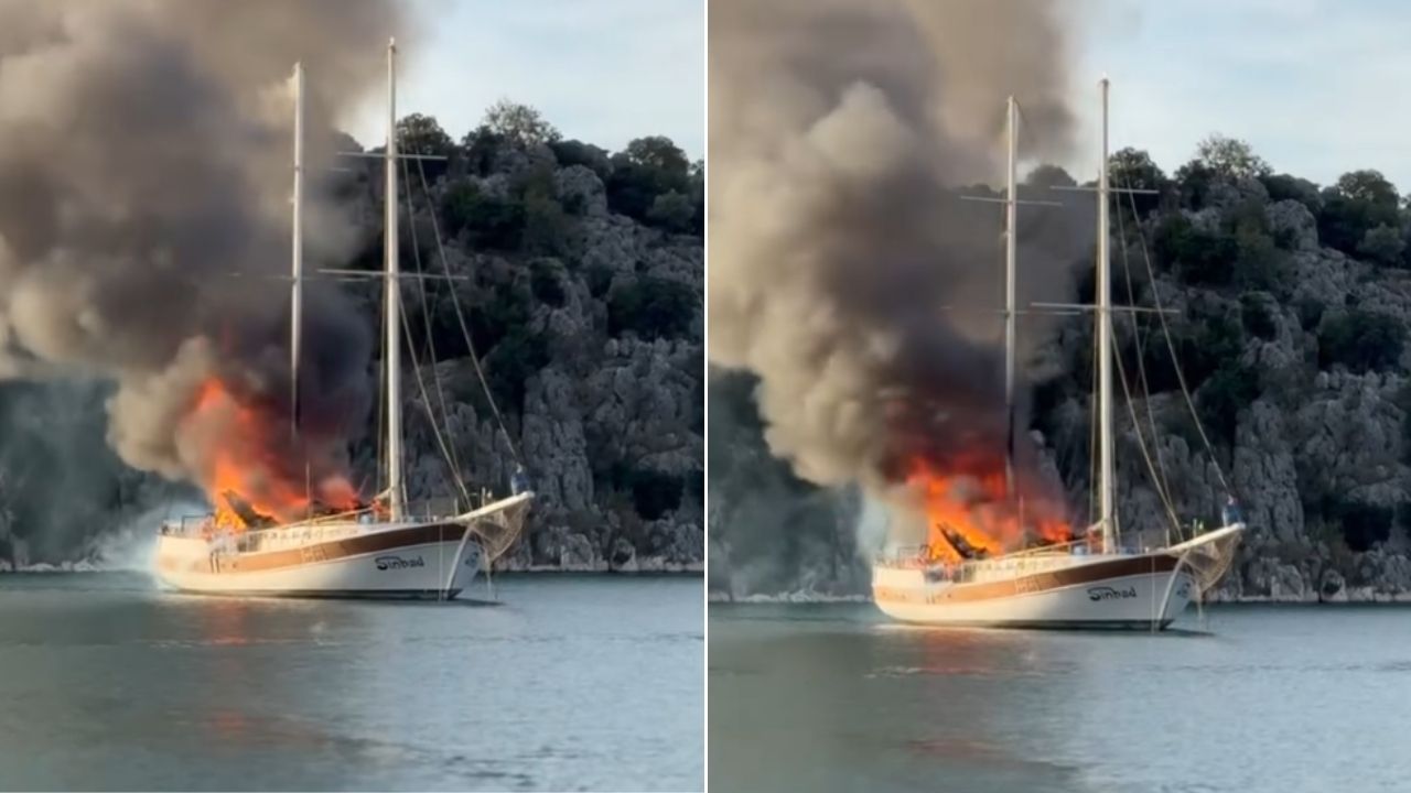 Antalya Kekova açıklarında yat alev alev yandı görseli