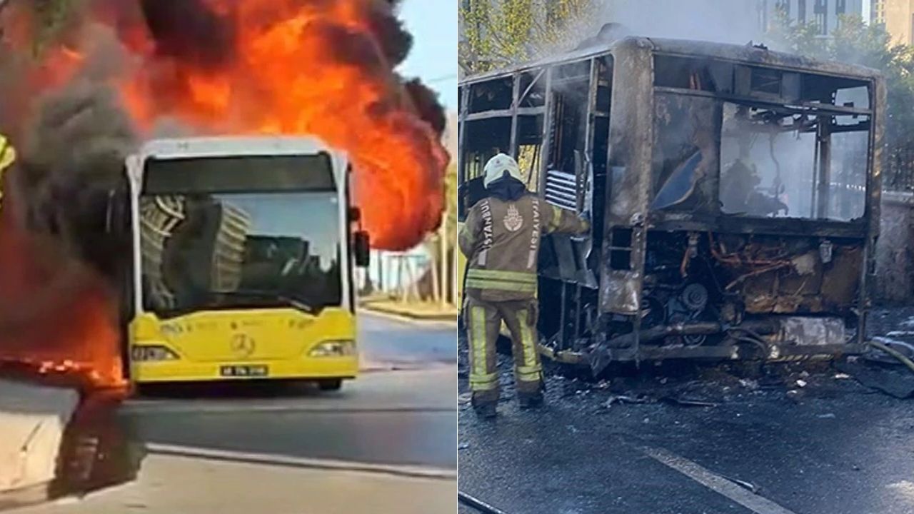 Ümraniye’de seyir halindeki İETT otobüsü yandı görseli